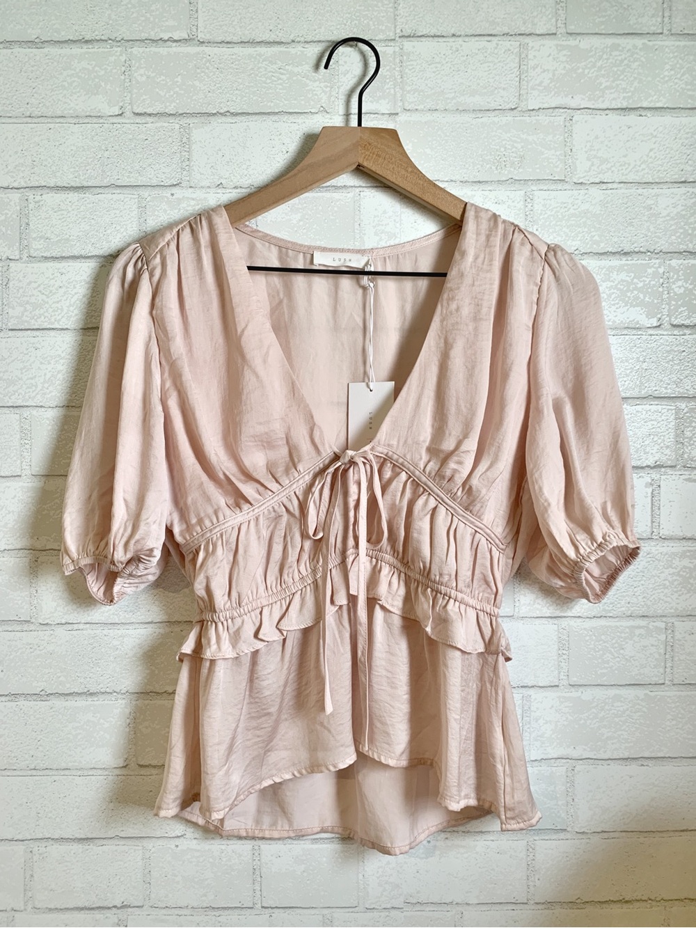 Lush Blush Pink V-Neck Tie-Front Peplum Puff Sleeve Blouse